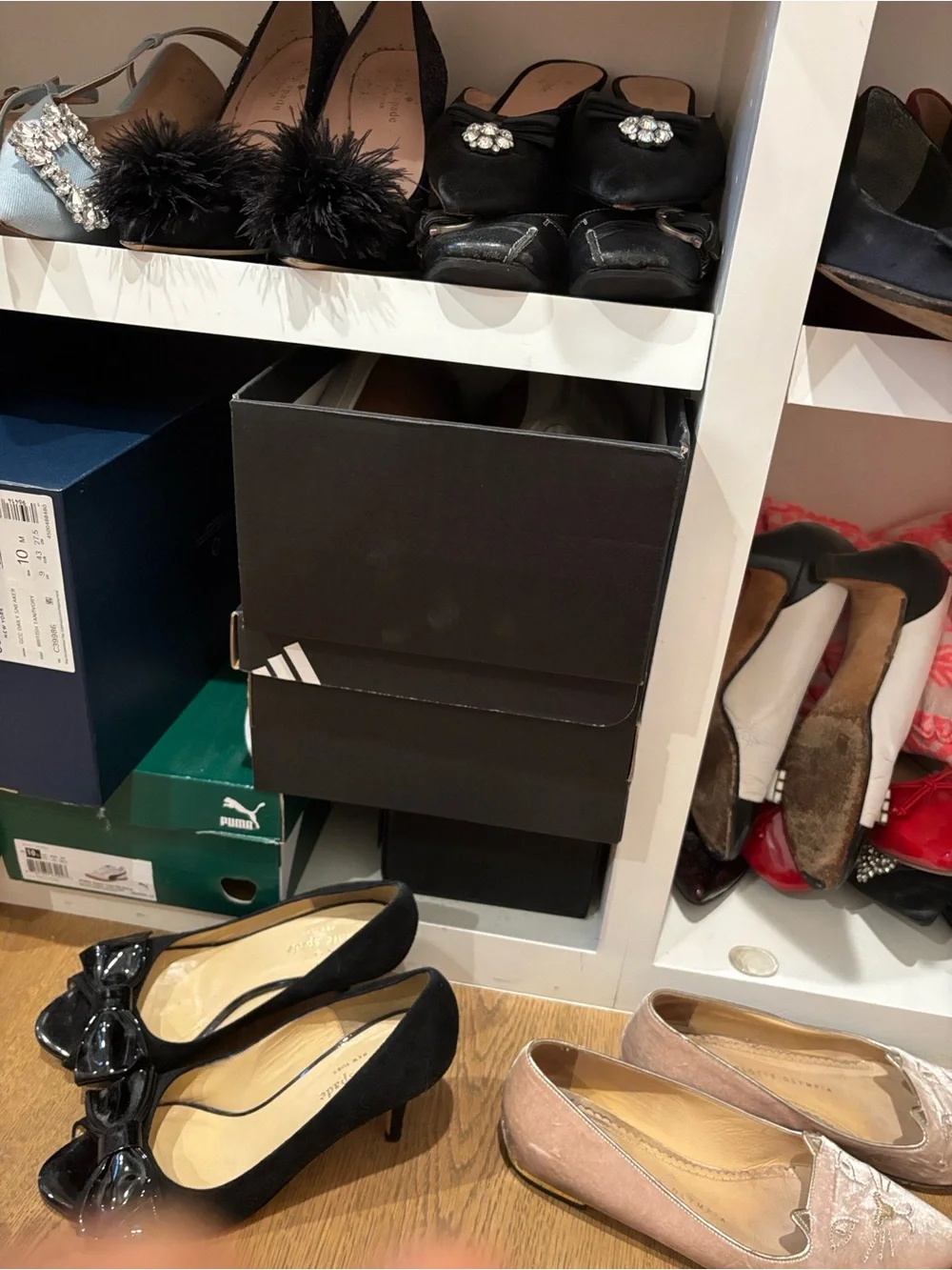 kate spade Black Suede Peep-Toe Pumps with Patent Bow